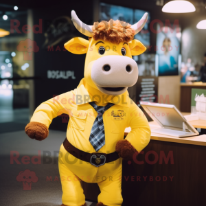 Yellow Bull mascot costume character dressed with a Button-Up Shirt and Suspenders