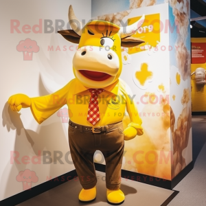 Yellow Bull mascot costume character dressed with a Button-Up Shirt and Suspenders