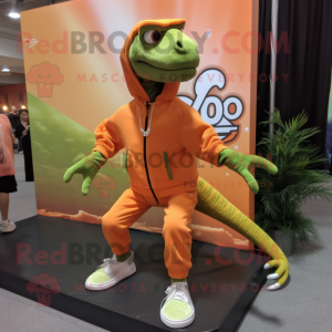 Peach Coelophysis mascot costume character dressed with a Sweatshirt and Shoe laces