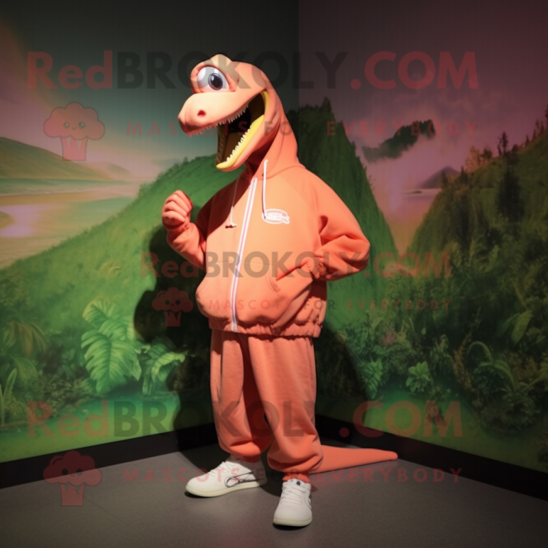 Peach Coelophysis mascot costume character dressed with a Sweatshirt and Shoe laces