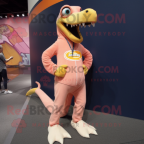 Peach Coelophysis mascot costume character dressed with a Sweatshirt and Shoe laces