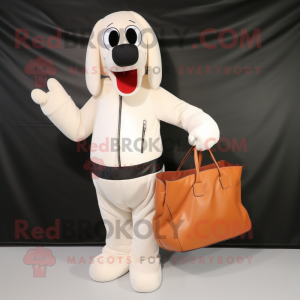 White Hot Dog mascot costume character dressed with a Leather Jacket and Tote bags