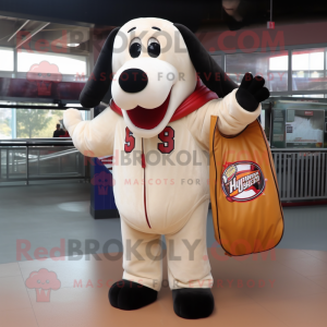 White Hot Dog mascot costume character dressed with a Leather Jacket and Tote bags