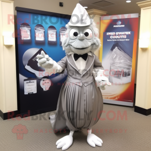 Silver Attorney mascot costume character dressed with a Pleated Skirt and Clutch bags