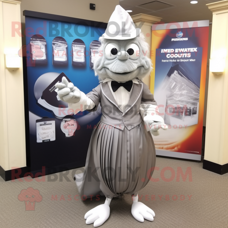 Silver Attorney mascot costume character dressed with a Pleated Skirt and Clutch bags Silver Attorney mascot costume character dressed with a Pleated Skirt and Clutch bags
