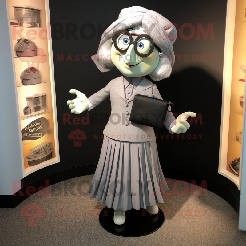 Silver Attorney mascot costume character dressed with a Pleated Skirt and Clutch bags