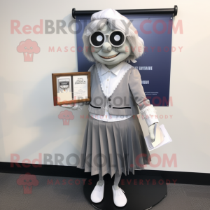Silver Attorney mascot costume character dressed with a Pleated Skirt and Clutch bags
