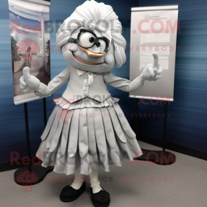 Silver Attorney mascot costume character dressed with a Pleated Skirt and Clutch bags