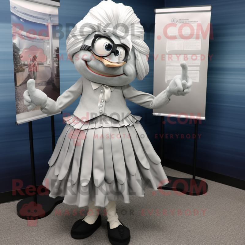 Silver Attorney mascot costume character dressed with a Pleated Skirt and Clutch bags