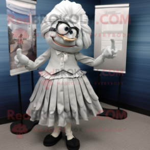 Silver Attorney mascot costume character dressed with a Pleated Skirt and Clutch bags
