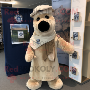 Tan Navy Seal mascot costume character dressed with a Shift Dress and Scarf clips