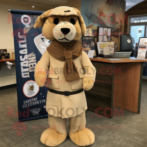 Tan Navy Seal mascot costume character dressed with a Shift Dress and Scarf clips