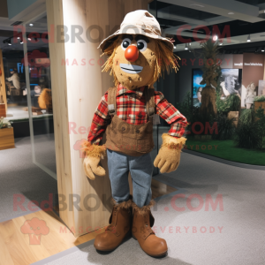 Brown Scarecrow mascot costume character dressed with a Flannel Shirt and Shoe laces
