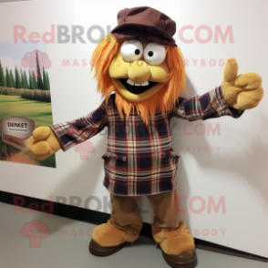 Brown Scarecrow mascot costume character dressed with a Flannel Shirt and Shoe laces