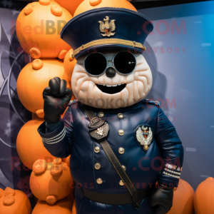 Navy Pumpkin mascot costume character dressed with a Biker Jacket and Necklaces