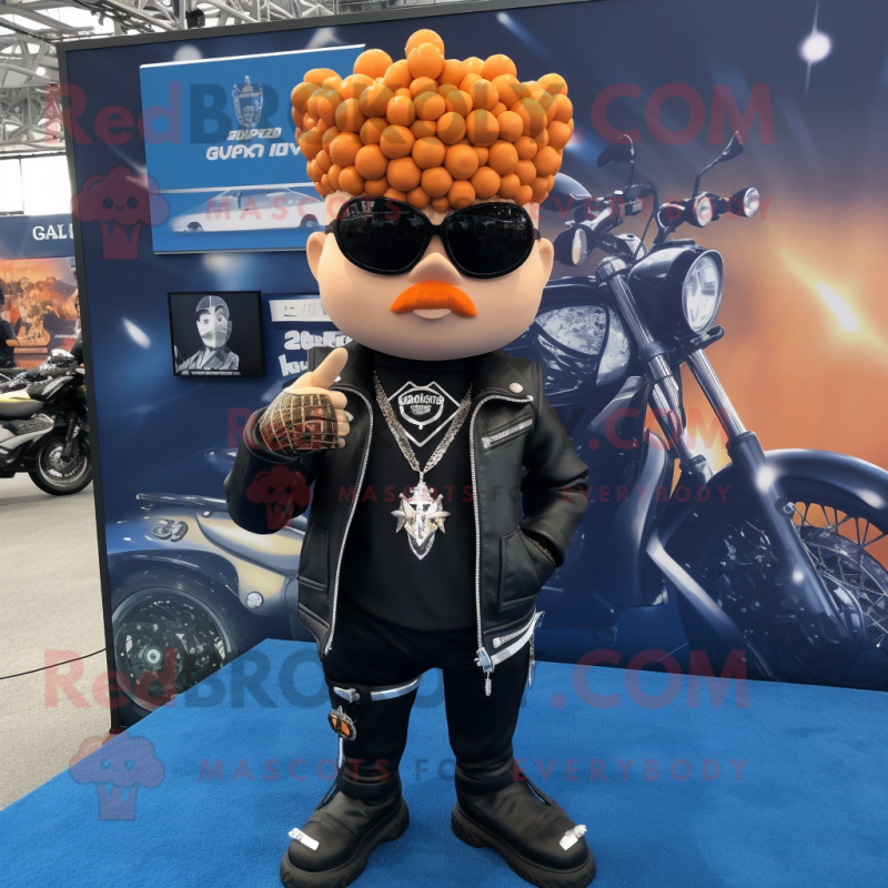 Navy Pumpkin mascot costume character dressed with a Biker Jacket and Necklaces Navy Pumpkin mascot costume character dressed with a Biker Jacket and Necklaces