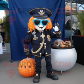 Navy Pumpkin mascot costume character dressed with a Biker Jacket and Necklaces