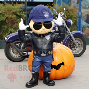 Navy Pumpkin mascot costume character dressed with a Biker Jacket and Necklaces