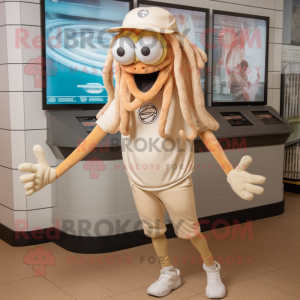 Beige Fried Calamari mascot costume character dressed with a Joggers and Caps