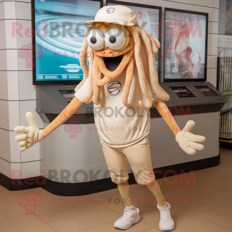 Beige Fried Calamari mascot costume character dressed with a Joggers and Caps Beige Fried Calamari mascot costume character dressed with a Joggers and Caps