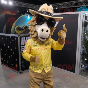 Gold Donkey mascot costume character dressed with a Bermuda Shorts and Sunglasses