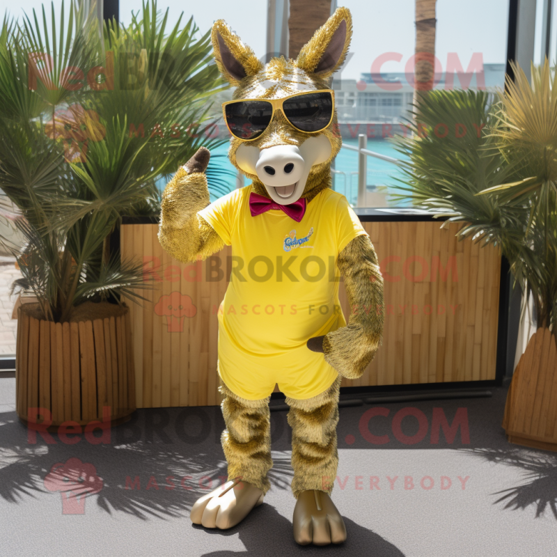 Gold Donkey mascot costume character dressed with a Bermuda Shorts and Sunglasses