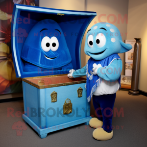 Blue Treasure Chest mascot costume character dressed with a Sweater and Watches