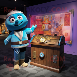 Blue Treasure Chest mascot costume character dressed with a Sweater and Watches
