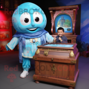 Blue Treasure Chest mascot costume character dressed with a Sweater and Watches