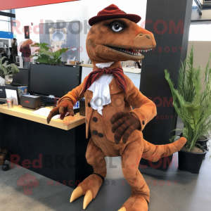 Rust Utahraptor mascot costume character dressed with a Culottes and Tie pins