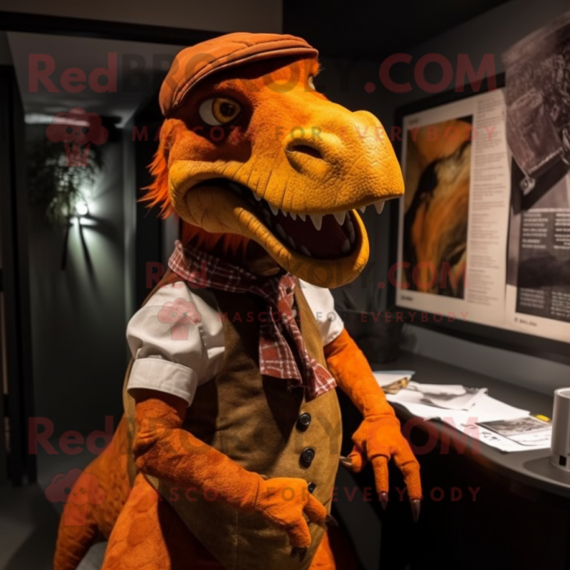 Rust Utahraptor mascot costume character dressed with a Culottes and Tie pins