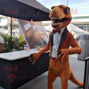 Rust Utahraptor mascot costume character dressed with a Culottes and Tie pins