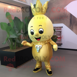 Gold Turnip mascot costume character dressed with a Leggings and Keychains