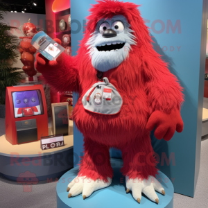 Red Yeti mascot costume character dressed with a Denim Shorts and Coin purses