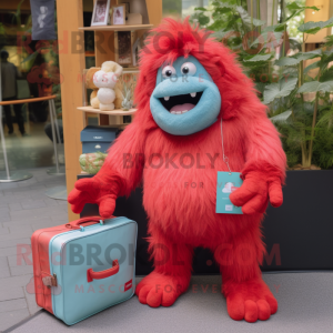 Red Yeti mascot costume character dressed with a Denim Shorts and Coin purses