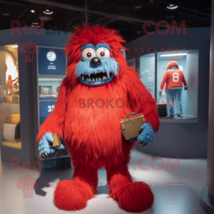 Red Yeti mascot costume character dressed with a Denim Shorts and Coin purses