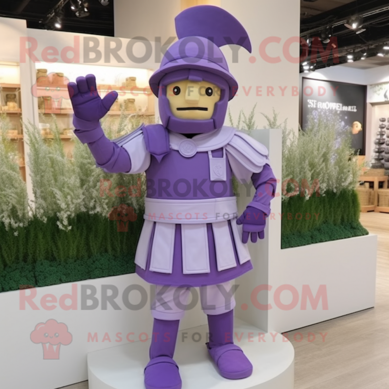 Lavender Roman Soldier mascot costume character dressed with a Culottes and Bow ties