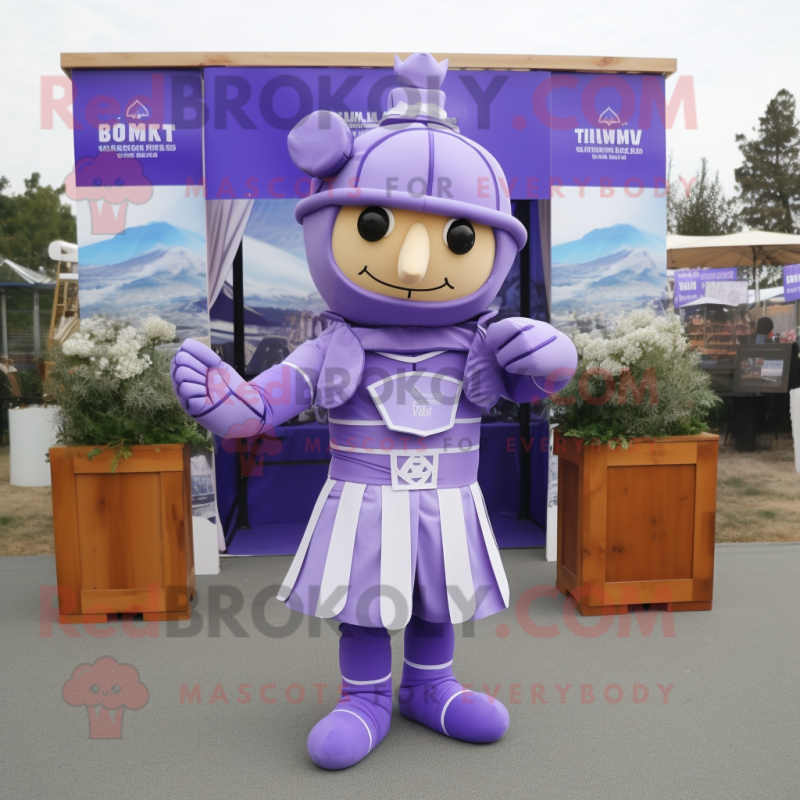 Lavender Roman Soldier mascot costume character dressed with a Culottes and Bow ties