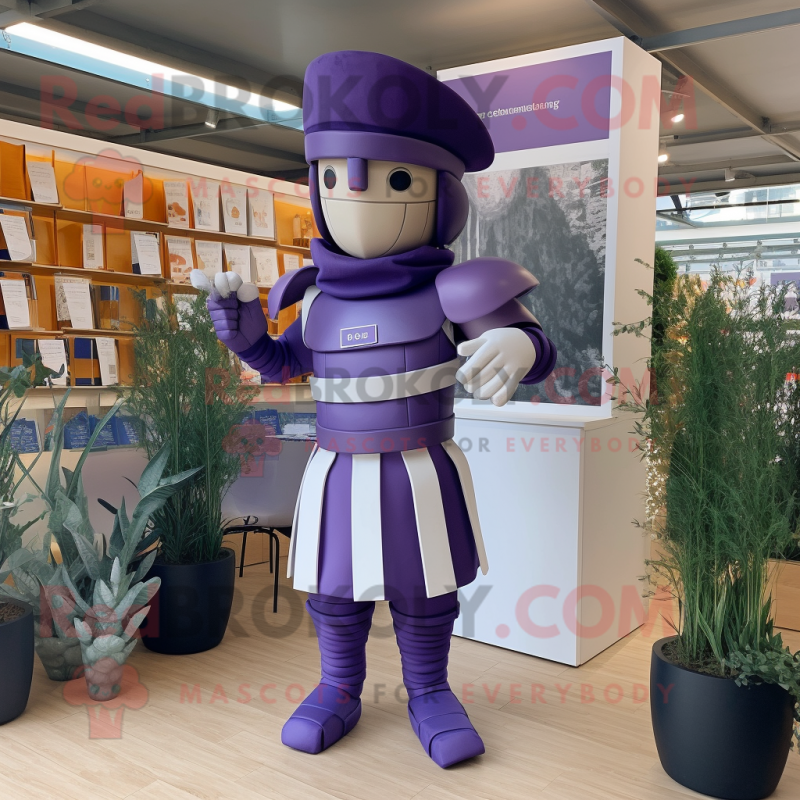 Lavender Roman Soldier mascot costume character dressed with a Culottes and Bow ties