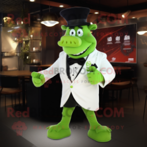 Lime Green Steak mascot costume character dressed with a Tuxedo and Belts