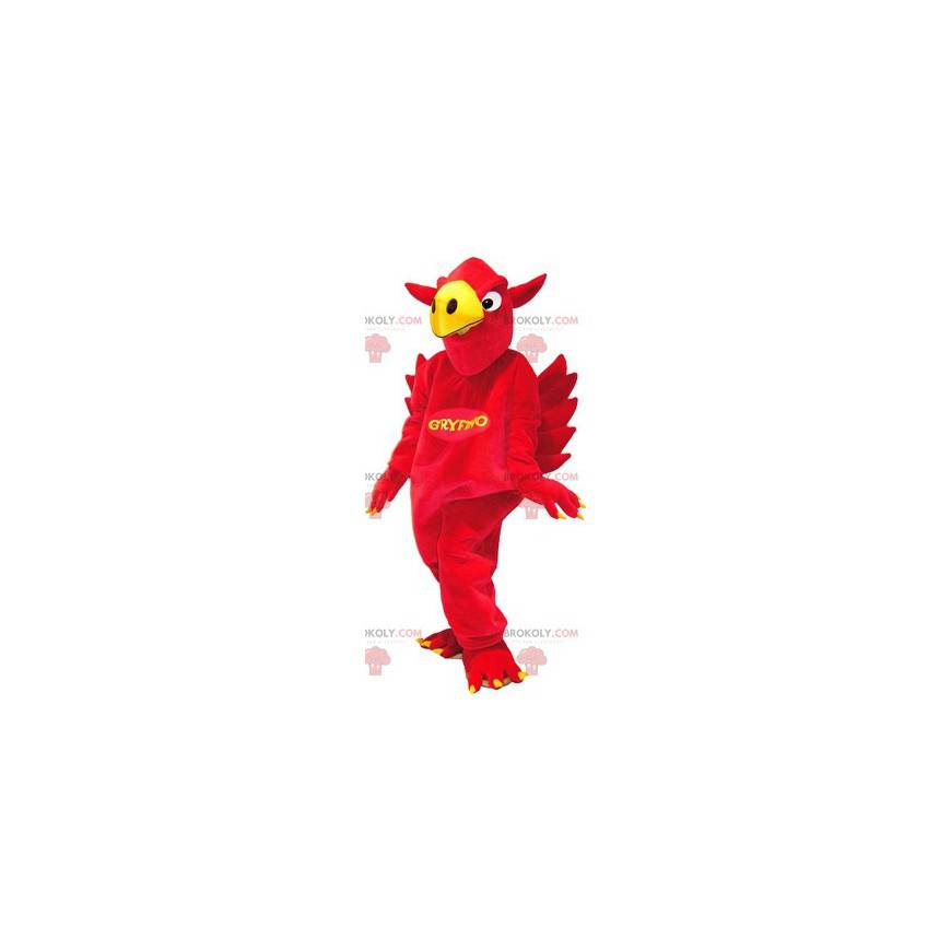 Mascotte grifone rosso e giallo. Uccello rosso e giallo -