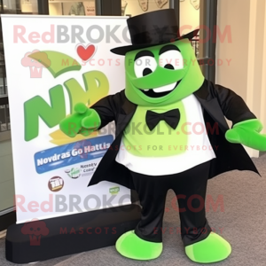 Lime Green Steak mascot costume character dressed with a Tuxedo and Belts