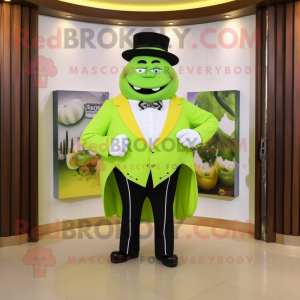 Lime Green Steak mascot costume character dressed with a Tuxedo and Belts