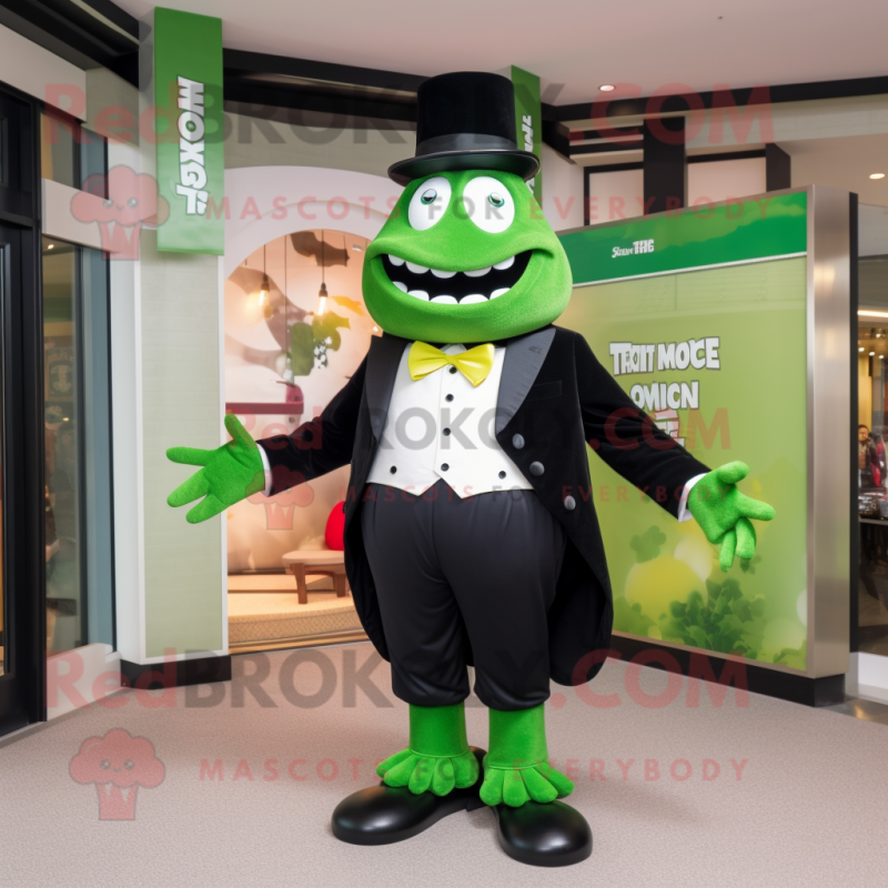 Lime Green Steak mascot costume character dressed with a Tuxedo and Belts