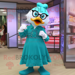 Teal Goose mascot costume character dressed with a Midi Dress and Eyeglasses