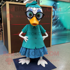 Teal Goose mascot costume character dressed with a Midi Dress and Eyeglasses