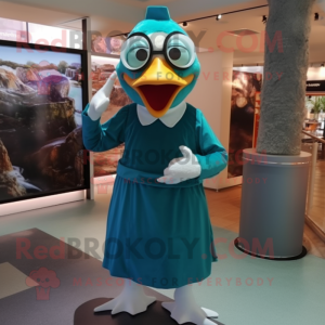 Teal Goose mascot costume character dressed with a Midi Dress and Eyeglasses