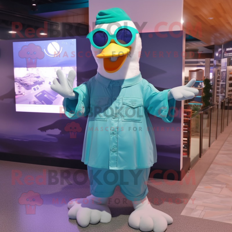 Teal Goose mascot costume character dressed with a Midi Dress and Eyeglasses