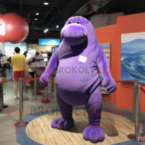 Purple Walrus mascot costume character dressed with a One-Piece Swimsuit and Belts