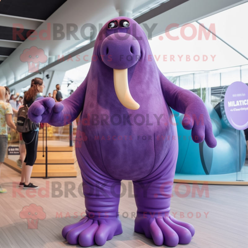 Purple Walrus mascot costume character dressed with a One-Piece Swimsuit and Belts Purple Walrus mascot costume character dressed with a One-Piece Swimsuit and Belts